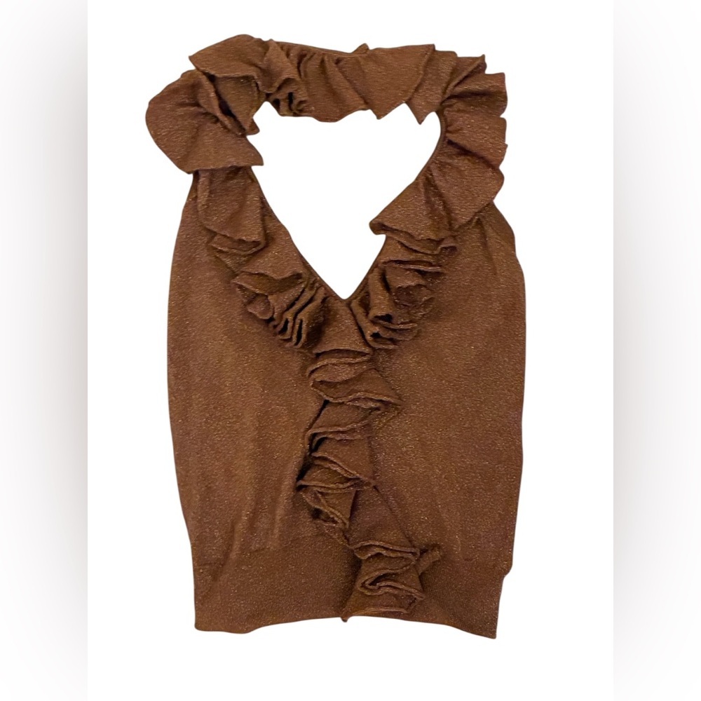 Autumn Cashmere Ruffled Brown Sweater Scarf Top Cropped Size Small Neutral Style